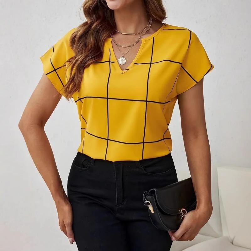 Women V Neck Short Sleeve Summer Loose Casual Plaid Print T Shirt S золотой