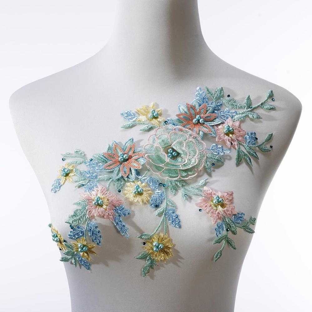 1Pcs Pink Purple Green Beaded Sequin Flower EmbroiderySewing Craft Lace Neckline Applique Trim Patch Repair Dress Bridal Gown Decor