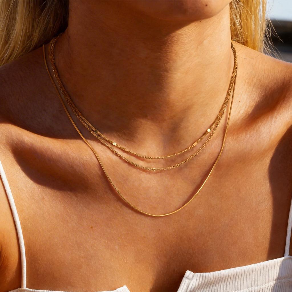 Minimalist Thin Chain Necklace 18K Gold Plated Stainless Steel Tarnish Resistant Waterproof Adjustable Women Layered Necklace