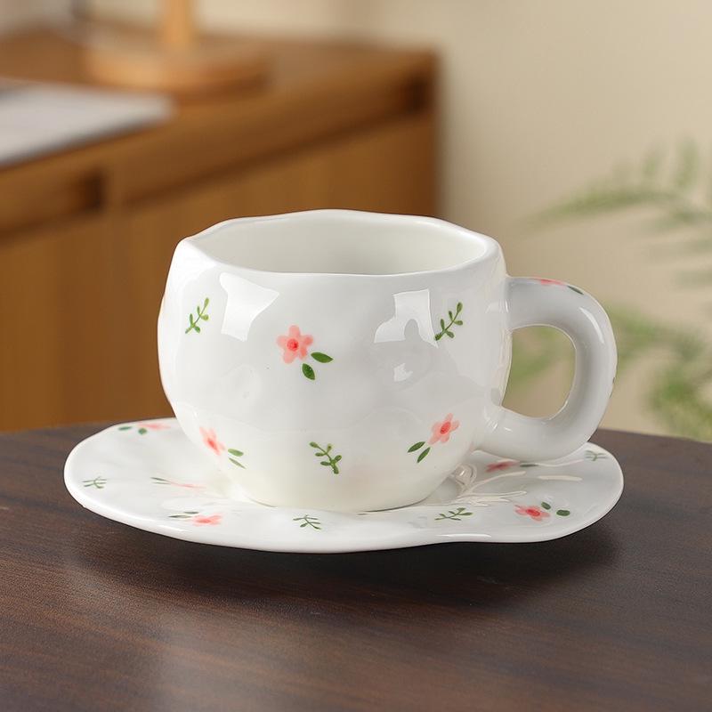 Korean Hand-Painted Ceramic Cup & Saucer Set - Creative Irregular Design for Coffee & Tea