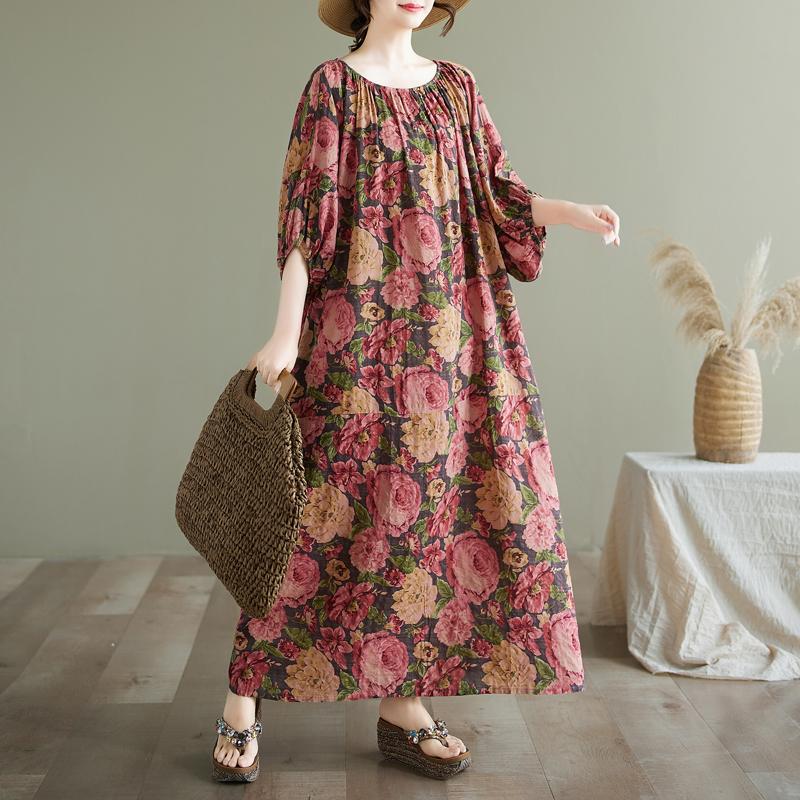 Dimanaf 2025 Summer Plus Size Dress Women Casual Vintage Floral Dress Basic Printing Long Beach Elegant Loose Dress