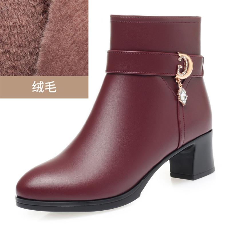 Mode Elegante Frau Block Hohe Absätze Schuhe Weiblicher Trend Winter Wolle Kurze Stiefel Weiches Leder Warme Fell Stiefeletten für Büro Mama