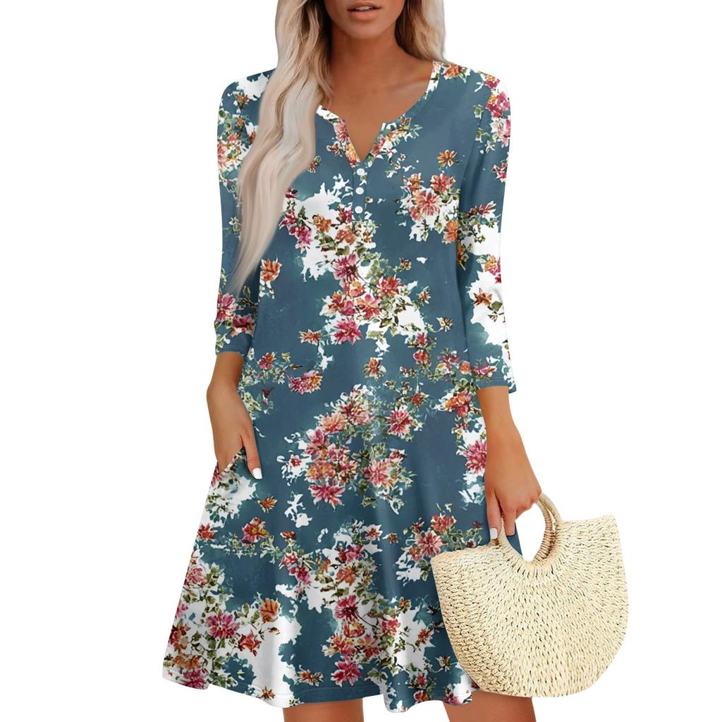 Women's Fashionable V-Neck Button Seven Part Cuff Pocket Floral Dress