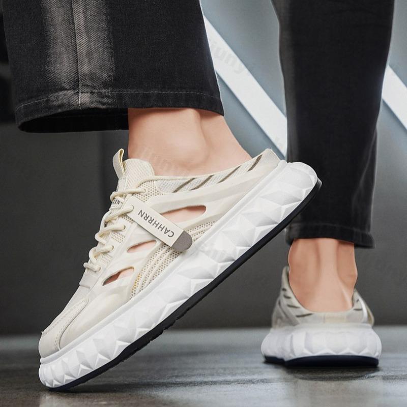 Fashion Fashion Trend Casual Thick Soled Half Draggers for Men 2025 Summer Mesh Hollow Breathable Versatile Comfortable Chunky Slippers