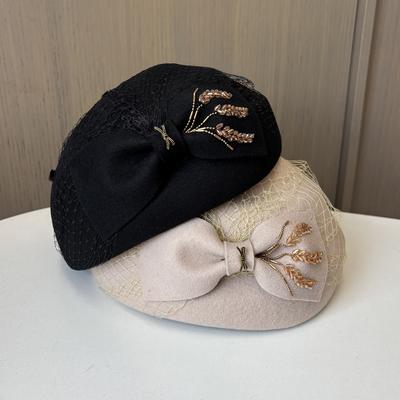 Toamnă și Iarnă Nouă Plasă Strass Fundă Beretă Lână Femei Franceză Retro Pălărie Pictor Elegant Temperament Pălărie Cilindru