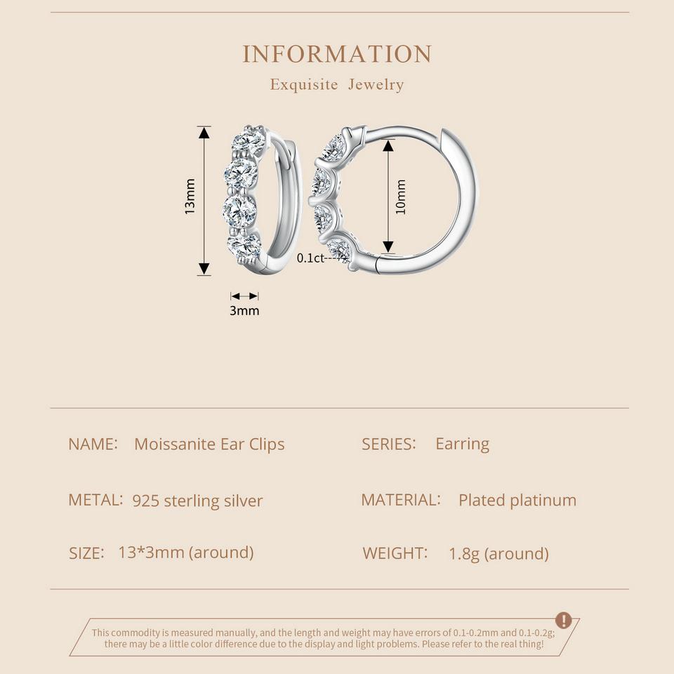 BAMOER 925 Sterling Silver Classical Round Moissanite Ear Buckles Clear Lab Diamond Engagement & Wedding Jewelry Gift for Women