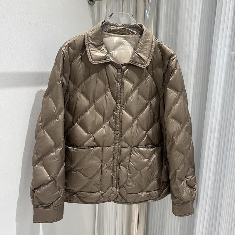 Autumn and Winter Small Lapel Collar Fashion Rhombus Grid Pressed Glue Short Double-sided Wear White Duck Down Jacket Women's Winter Coat