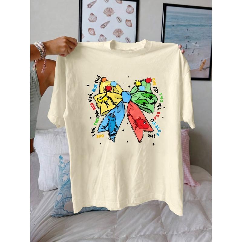 

Women s The in The Hat Inspired T-Shirt Red Fish Blue Fish Book Print, Short Sleeve Round Neck Casual Top with Iconic Fish Characters S абрикосовый