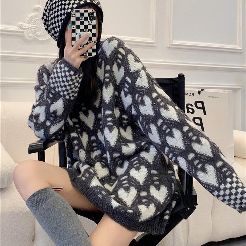 

Женский осенне-зимний вязаный топ с сердечками, женский пуловер средней длины, свитер с круглым вырезом One Size