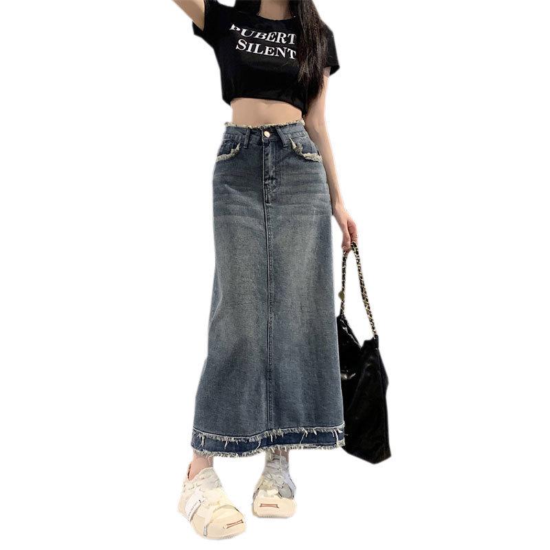 Women's Retro High-Waist Denim Skirt - Summer A-Line, Hip-Hugging, Meat-Covering Design