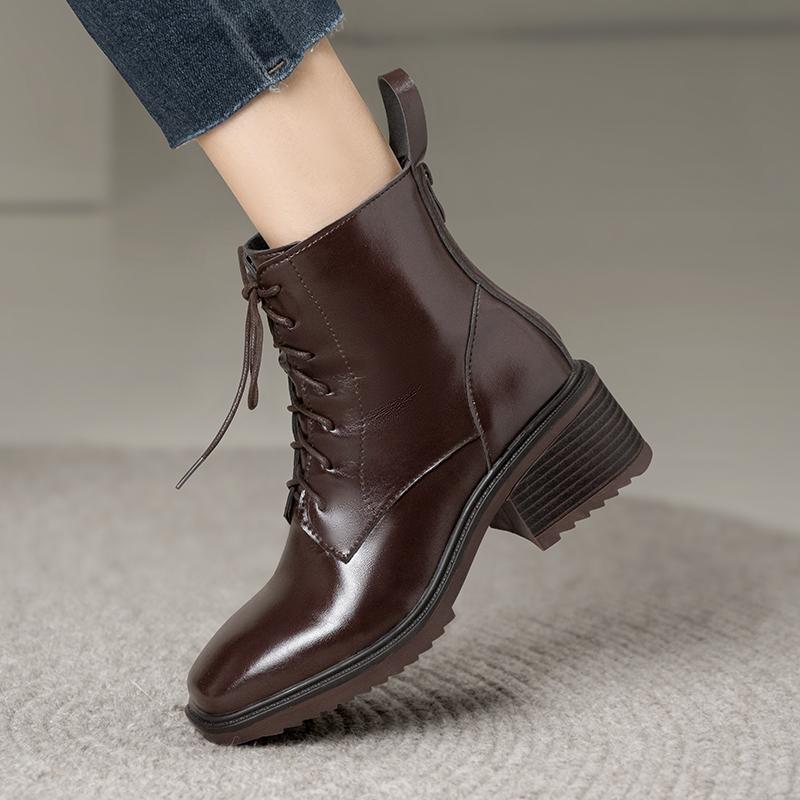 2024 Autumn and Winter New Fashion Solid Color Women's Boots French High Heel Short Boots Lace Up Niche Versatile Square Toe