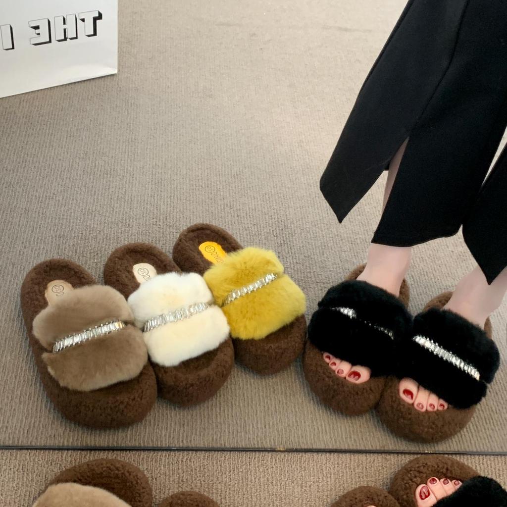Women's Fuzzy Slippers: New 2025 Thick-Soled, Height-Enhancing, Plus Velvet Cotton for Autumn/Winter