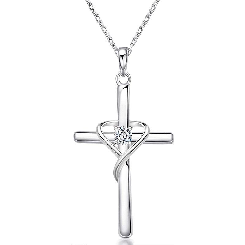 Twisted Heart Wrap Cross Pendant with Center Round Stone Adjustable Chain Women Faith Neck Jewelry