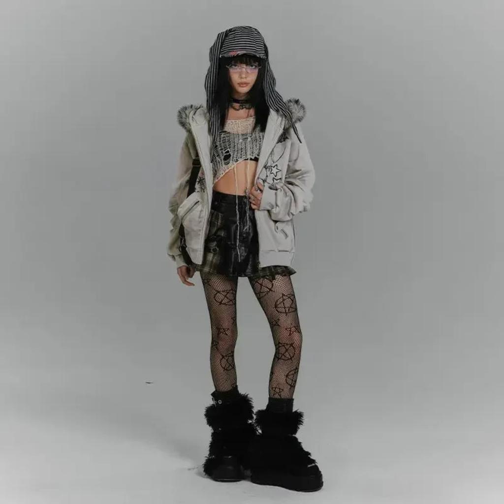 2KWEIRD American Retro Hoodie Women Gothic Simple Print Rabbit Ears Zipper Hooded Fur Collar Sweatshirt Fashionable Harajuku Jacket Tops