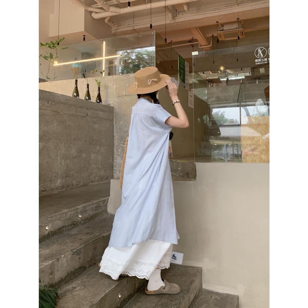 Summer Blue Shirt Dress Women's Loose Casual Gentle Style Long Skirt Two-Piece Set Layering Clothing Female Fashion