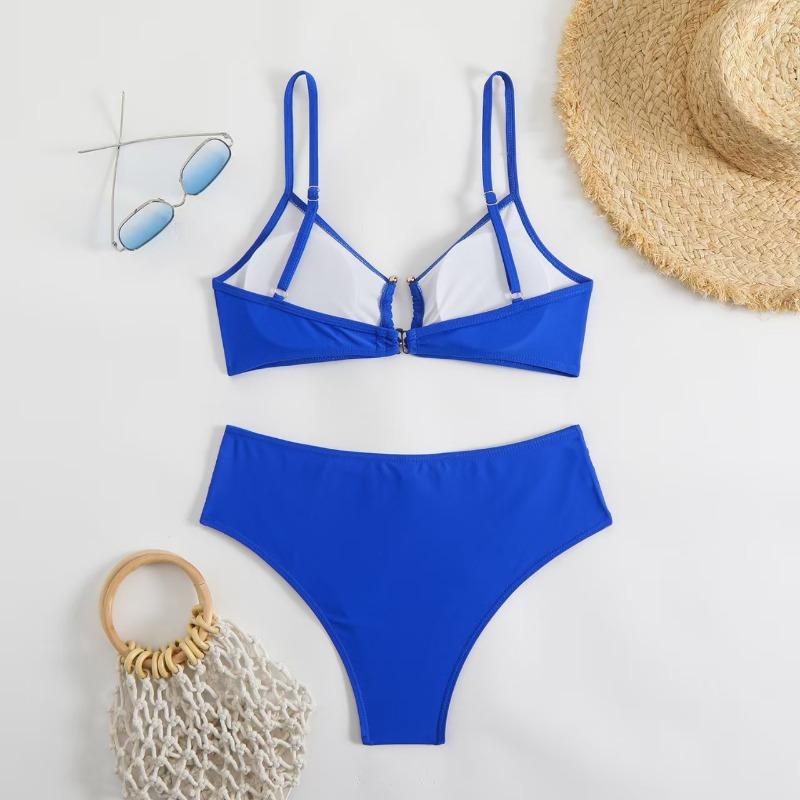 Solid Color Teal Ruched Cutout Bikini Set High Waist Two Piece Swimsuit