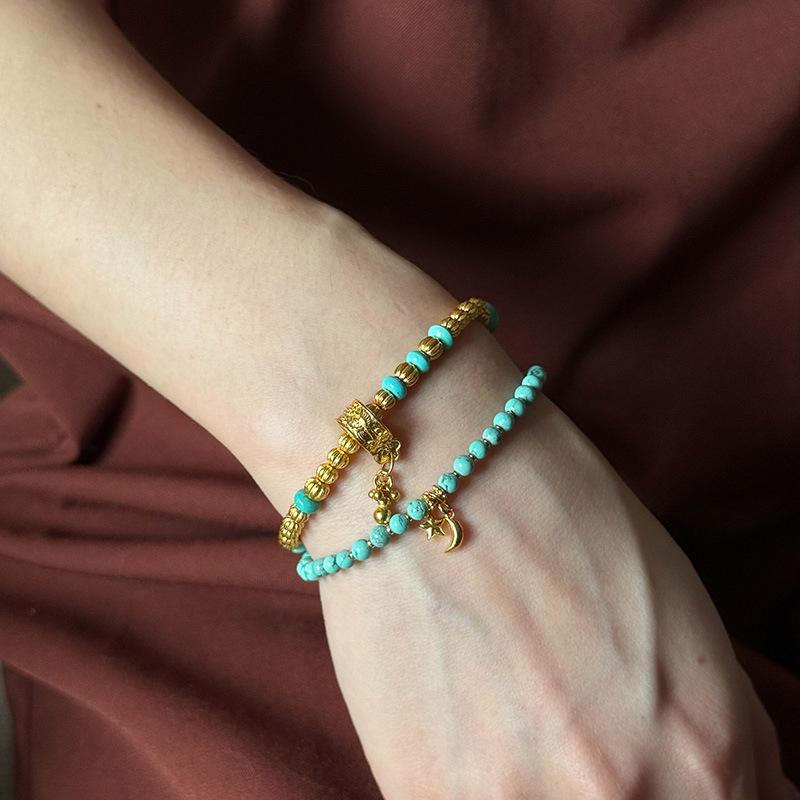 Turquoise Beads Bracelet for Women Retro Layered Design Ancient Gold Crafts Tassel Green Bracelets Fashion Party Jewelry Gifts