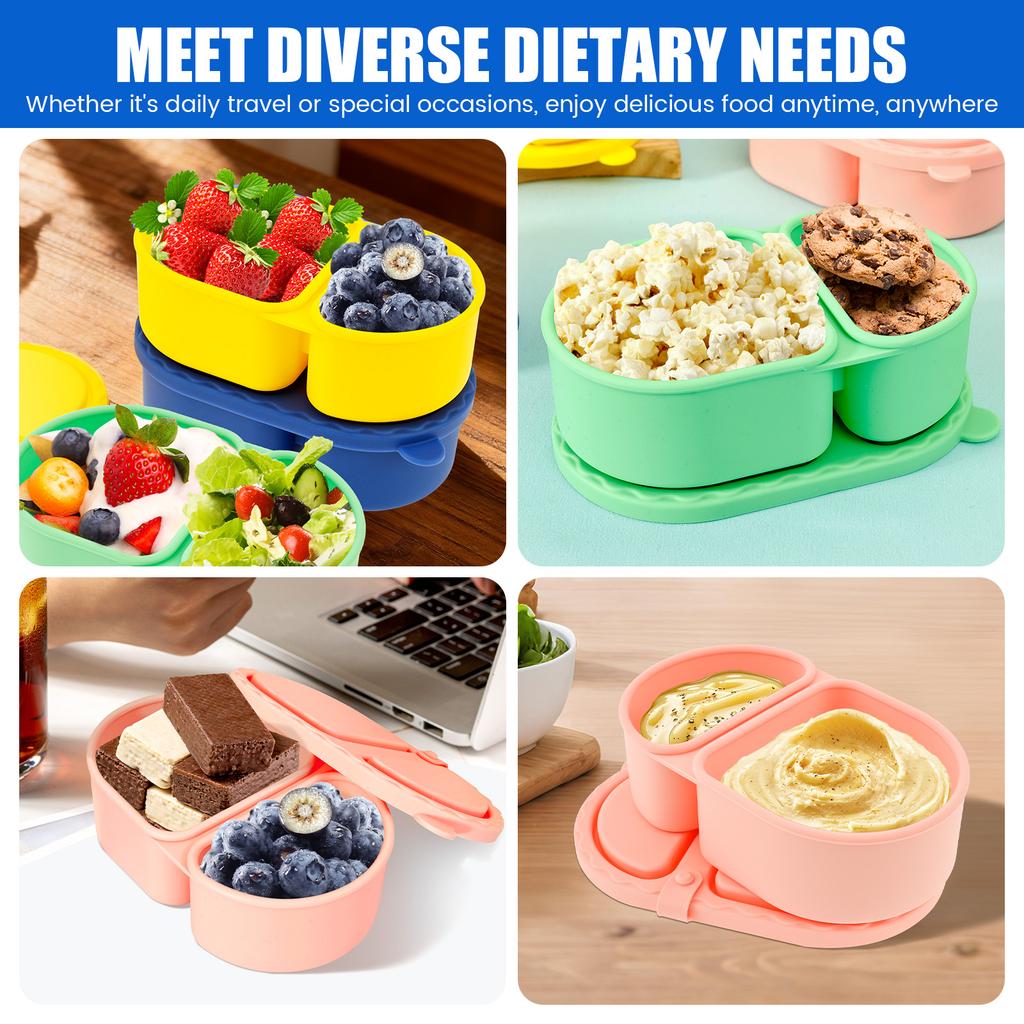 4 Pcs Snack Container Silicone Double Compartment Sauce Container with Lid Collapsible Food Storage Containers Kitchen Accessory