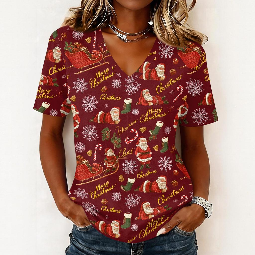 Women's Casual Short Sleeve V-Neck Christmas Print Pullover Top