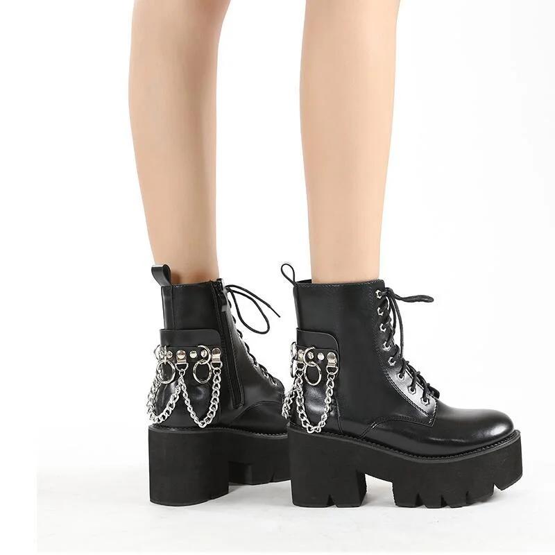 Fashion Cool Fashion Punk shoes Women Motorcycle Boots Lace Up Chunky Platform Goth Shoes Casual Brand Combat Street Shoes plus big size