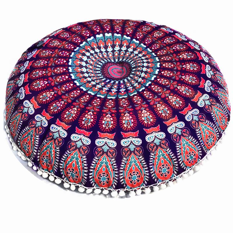 43/80cm Mandala Pattern Floor Pillowcase Round Bohemian Meditation Seat Cushion Cover Pouf Case Retro Feather Printed Home Decor