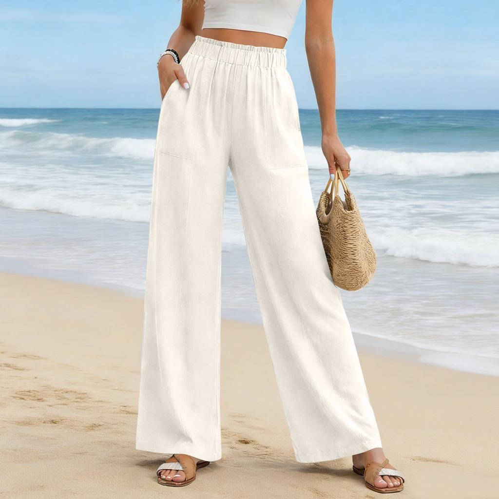 Women's Cotton Linen Pants Summer Wide Leg Casual Loose Drawstring High Waist Palazzo Pants Trousers With Pockets