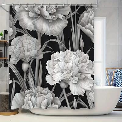 Floral Bathroom Shower Curtain Modern Black White Design with Peonies Flowers for Home Decor Size69x72 Inches (180x183cm)