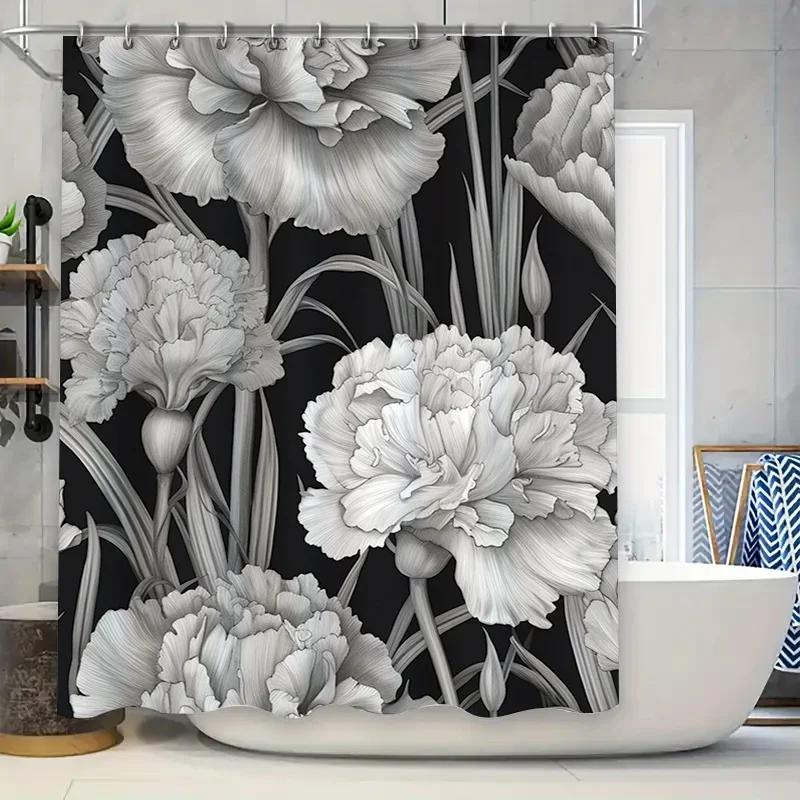 

Floral Bathroom Shower Curtain Modern Black White Design With Peonies Flowers For Home Decor Size69X72 Inches (180X183Cm) W60H190(CM)-1 Pcs