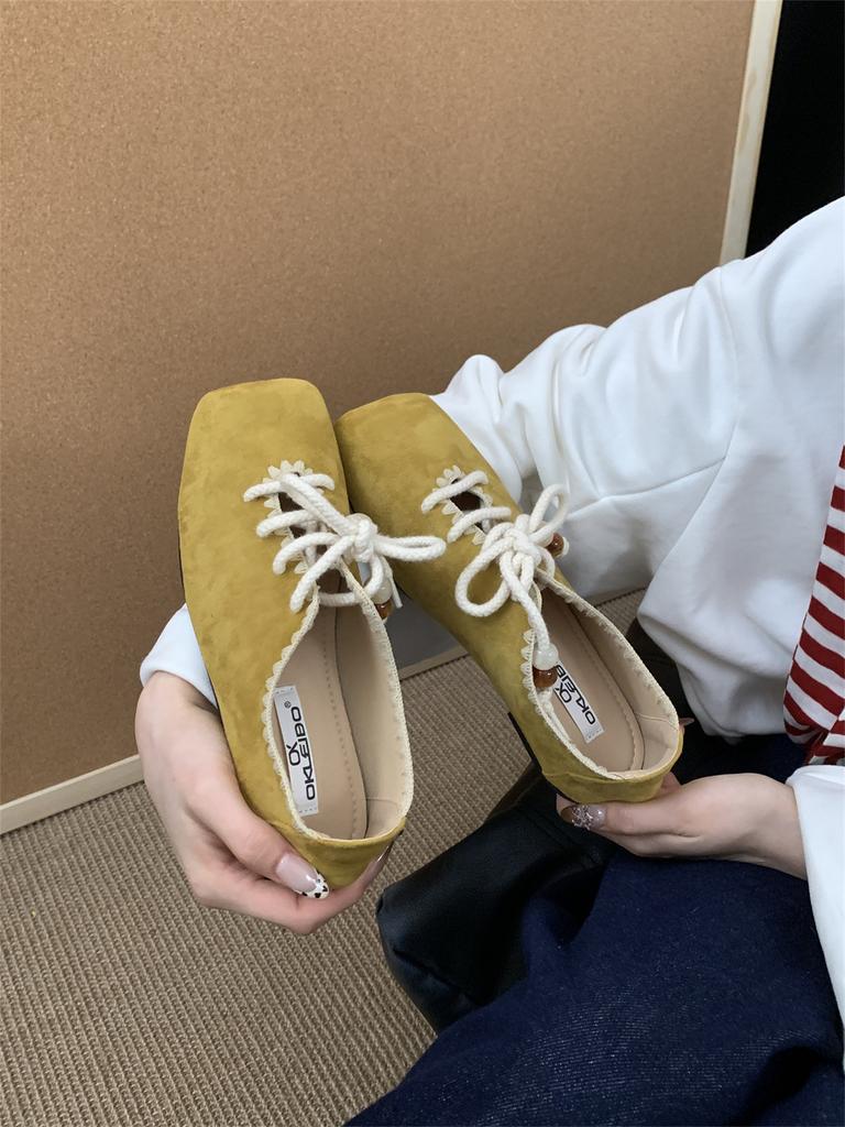 Korean version of retro square head flat-soled single shoes women's shoes 2025 autumn new versatile lace-up Mary Jane casual shoes