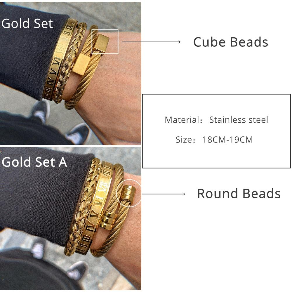 Luxury 3pcs /Set Stainless Steel Bracelet Hip Hop Men Jewelry Roman Number Charm Gold Color Jewelry For Men Pulseira Bileklik