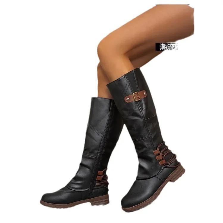 

Осень Зима Ботфорты Женские Кожа Квадратный Каблук Молния Сапоги Сохраняют Тепло Круглый Носок Женские Ботинки Обувь для Женщин 43