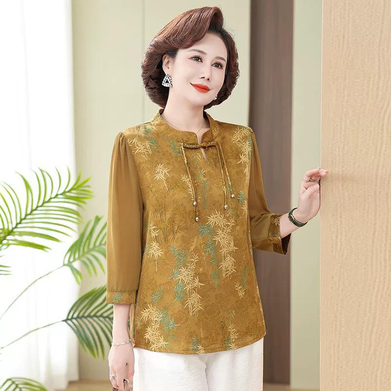 Women's Spring and Summer Chinese Style Seven-minute Sleeve T-shirt Middle-aged and Elderly Simple Button Pullover Tops