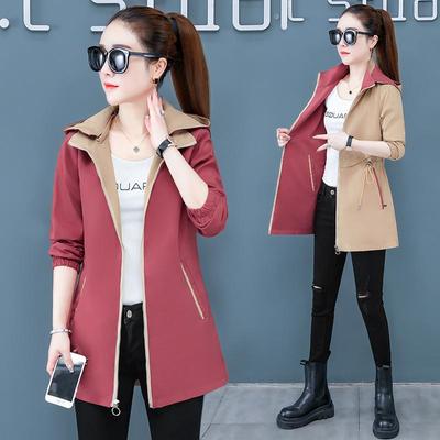 Giacca antivento con cappuccio double face di media lunghezza per donna - Elastico in vita, staccabile, ideale per primavera e autunno