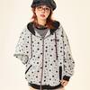 Women's Grey Star Print Hooded Sweatshirt - Cotton Blend, Loose Fit, Zipper Cardigan, Retro Style for Spring and Autumn