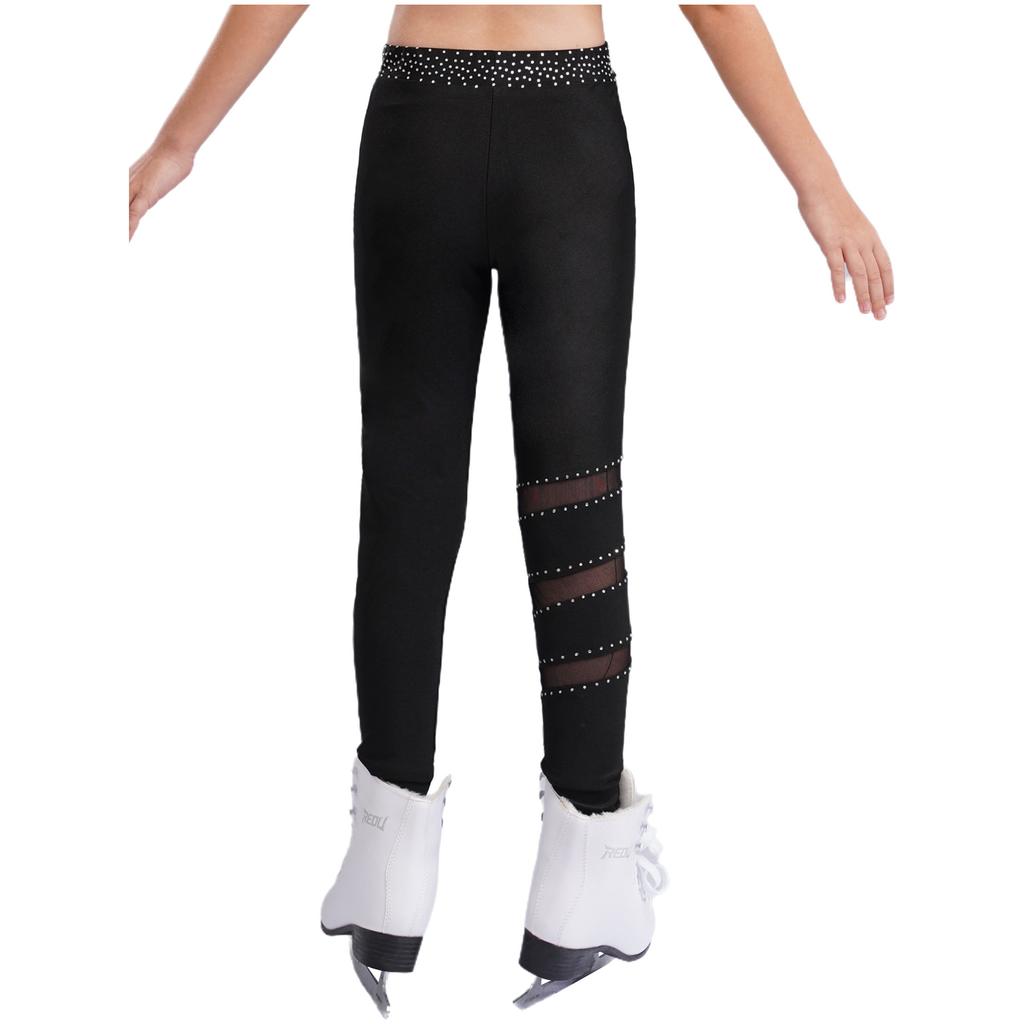 Girls Figure Skating Pants Sparkly Rhinestones Elastic Waistband Leggings Sheer Mesh Patchwork Trousers