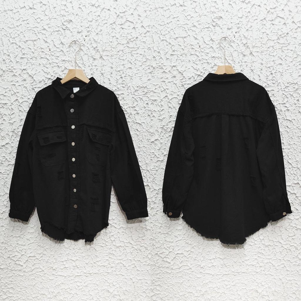 Ny 2023 Dame Høst/Vinter Denim Cardigan - Ensfarget, Enkeltradet Skjortejakke med Nedslått Krage