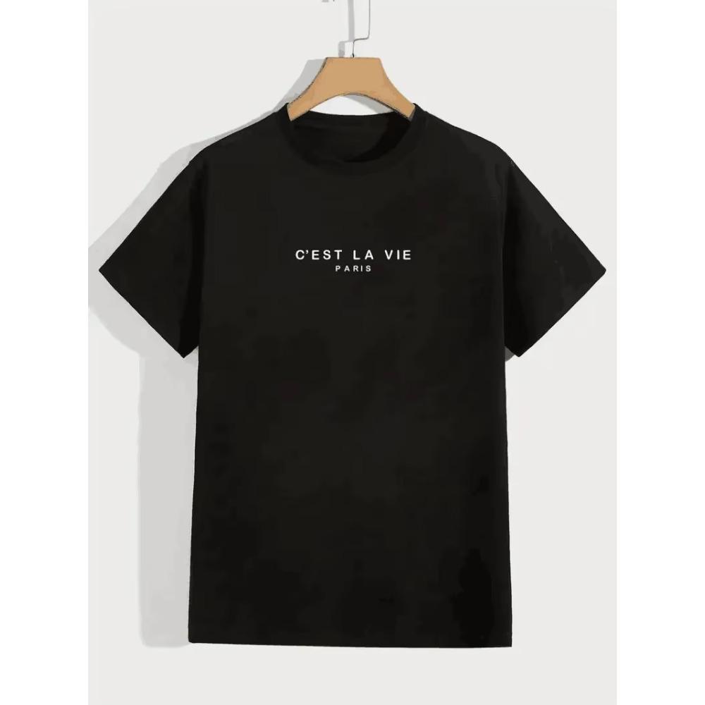 "C'est La Vie", Men's Casual Slightly Stretched Round Neck Pattern Cotton T-shirt, Summer Men's Clothing