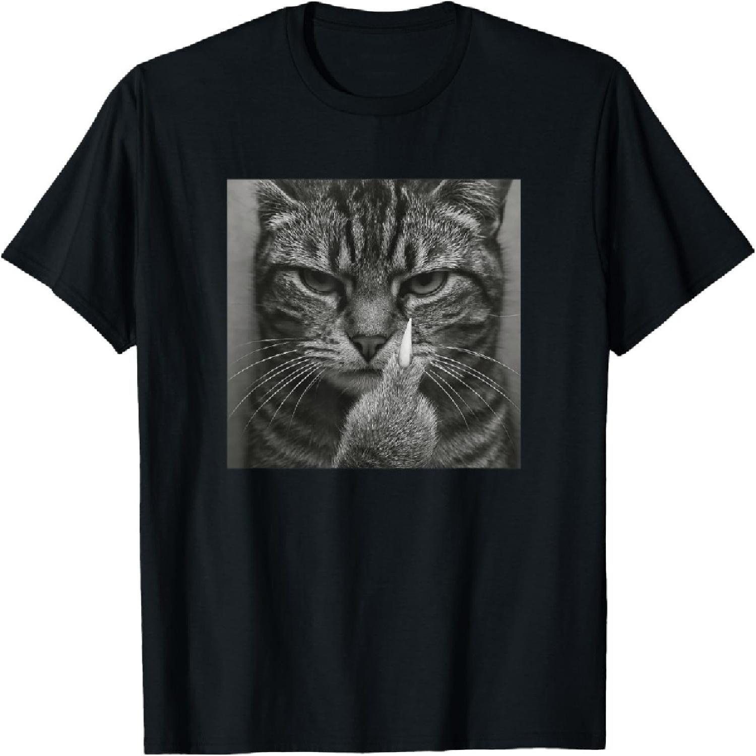 Funny Angry Cat with Middle Finger Meme Gen Z Joke Brainrot T-Shirt S