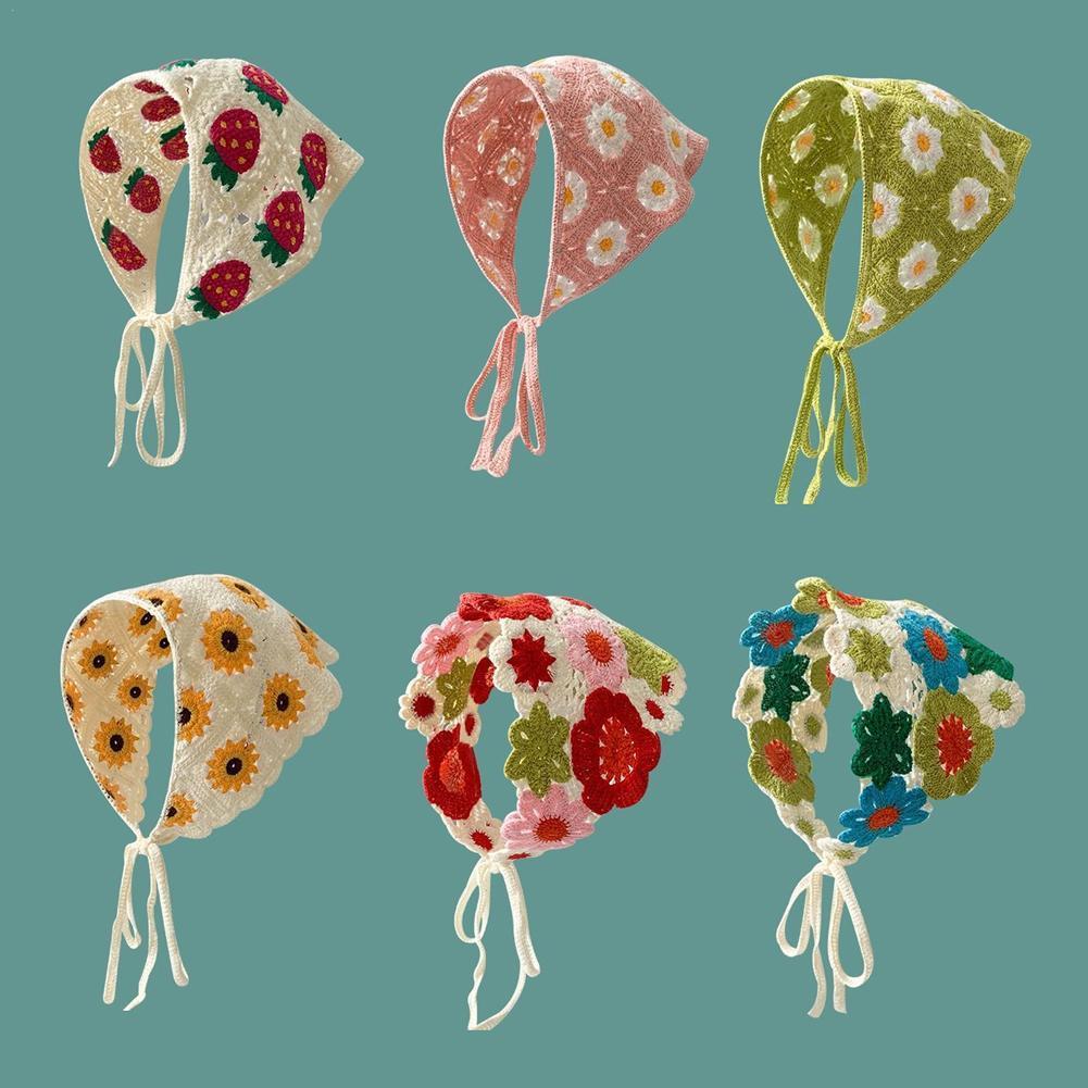 Sweet Cute Handmade Crochet Hollow Triangle Headband Towel Women Spring and Summer Travel Literary Photo Hair Scarf