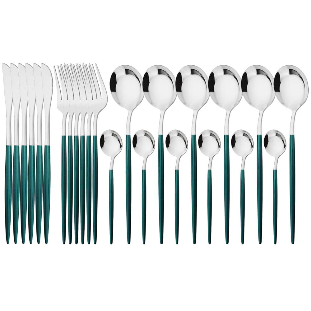 24pcs Blue Silver Dinnerware Set Dinner Knife Fork Tea Spoon Cutlery Set Stainless Steel Tableware Western Home Kitchen Flatware