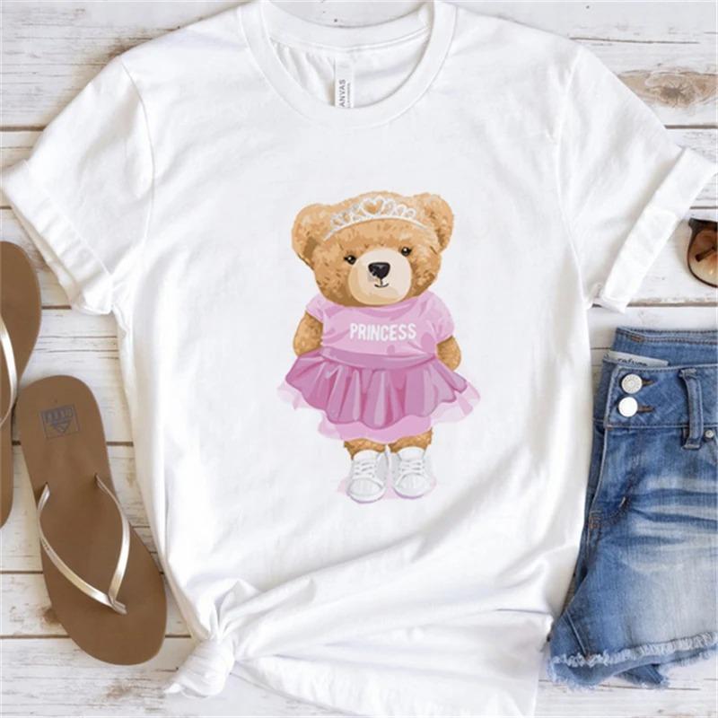 Cute Little Bear Print TShirt Summer Trend White Short Sleeve Neck Casual Sports Aesthetic Clothes Womens Graphic T Shirts