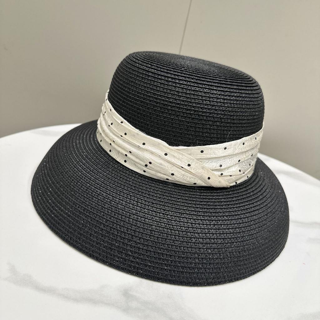 Elegant Polka Dot Ribbon Round Bucket Hat for Women Summer Sun Protection Fashion Outdoor Grass Sun Hat
