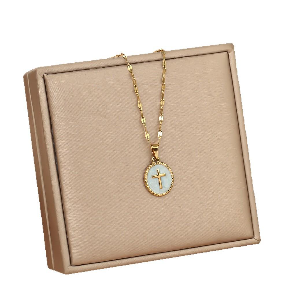 Round cross stainless steel pendant necklace for ladies - exquisite and simple stainless steel collar chain
