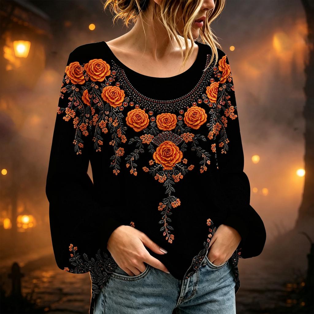 Women's Round Neck Long Sleeve Halloween Print Blouse Top for Party Wear