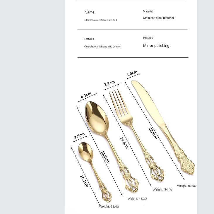 Luxus Löffel- und Gabelset Edelstahl Gold Besteckset Lebensmittelqualität Gehobenes Königliches Geschirr Europäisches Steakmesser Küchenartikel