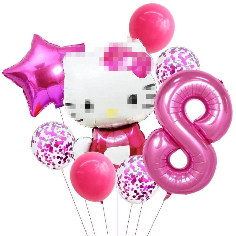 Cartoon Cat Pink Purple Rose Red Digital Bow Aluminum Film Balloon Baby Birthday Background Decoration Party