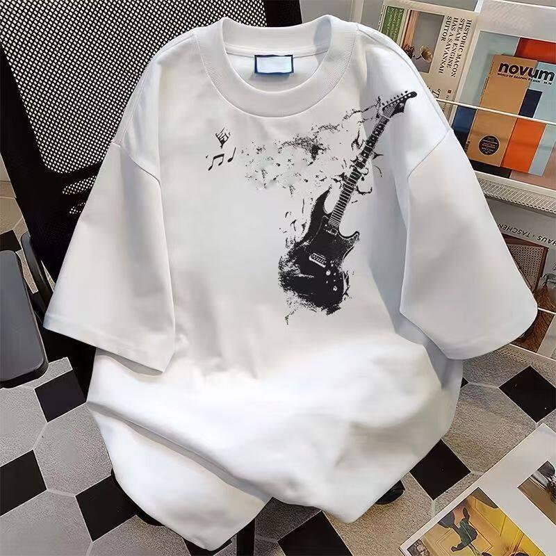 Pure Cotton American Street Guitar Print ShortSleeved TShirt Versatile For Unisex And Unisex In Summer Loose Ins Top Layer