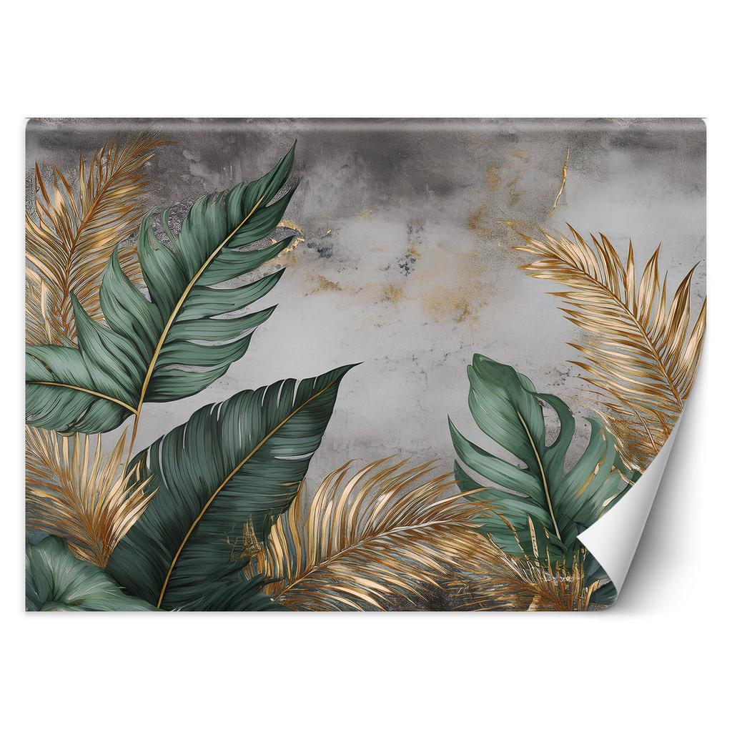 Wallpaper Gold and Green Leaves On a Gray Background