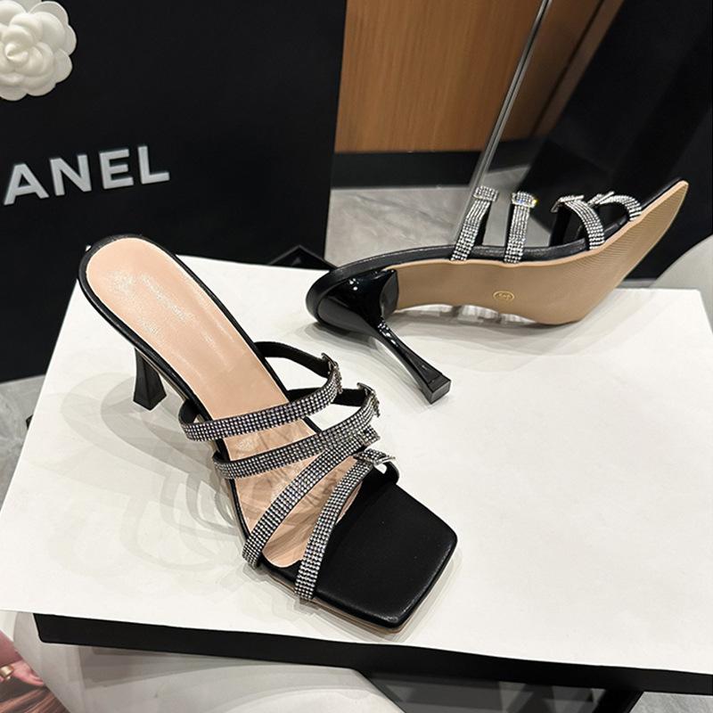 

Французские туфли-стилетто на высоком каблуке со стразами, сандалии с юбками, шлепанцы для женской летней носки 2025, новый темпераментный продвинутый односложный драг 43 чёрный