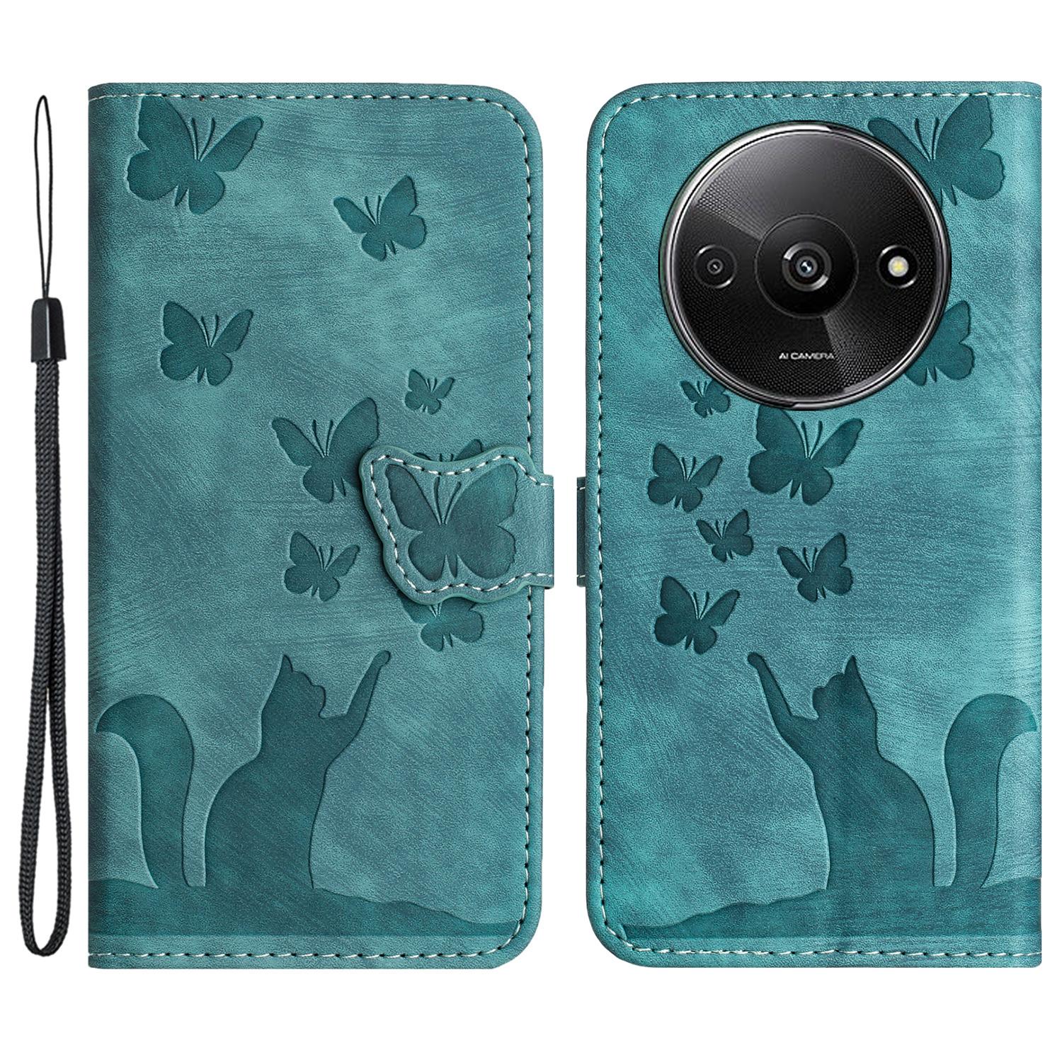 

For Xiaomi Redmi A3/Poco C61 4G Case PU Leather Phone Cover Butterfly Cat Pattern Green